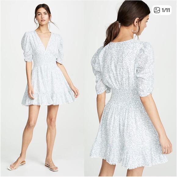 Cleobella Sadie Mini Dress Floral V-Neck Puff Sleeve Smocked Ruffle Cottagecore - Picture 4 of 16